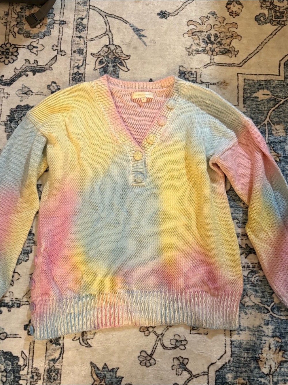 LoveShackFancy Pastel Tie-Dye V-Neck Sweater in Yellow, Pink, Blue